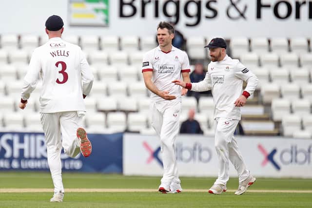 Jimmy Anderson celebrates one of his wickets against Northants (Picture: Peter Short)
