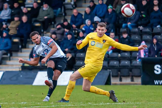 Kalern Thomas fires home a stunner to get Corby back in the game at 2-1 (Picture: Jim Darrah)