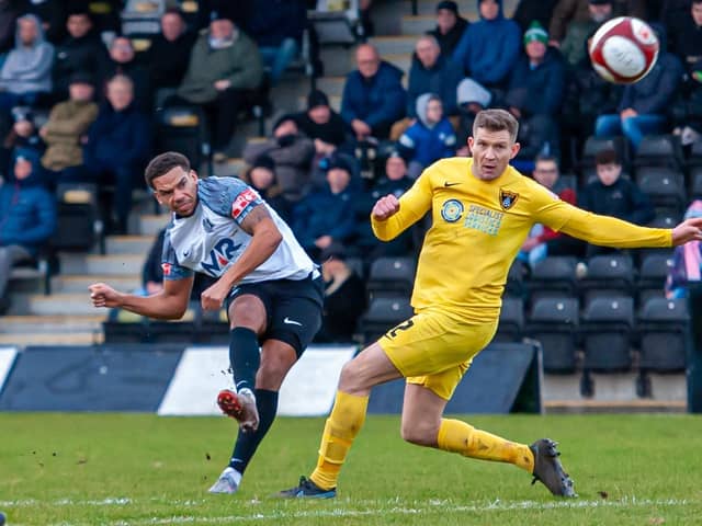Kalern Thomas fires home a stunner to get Corby back in the game at 2-1 (Picture: Jim Darrah)