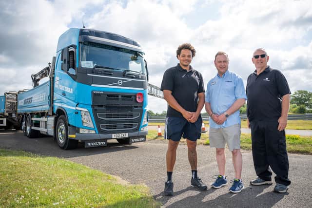 SGB-38795 Northamptonshire Highways Keith Millard (Centre) with Forterra's HGV driver Linden Richards (Left) and HGV Mechanic Martin Birkenhead (Right)