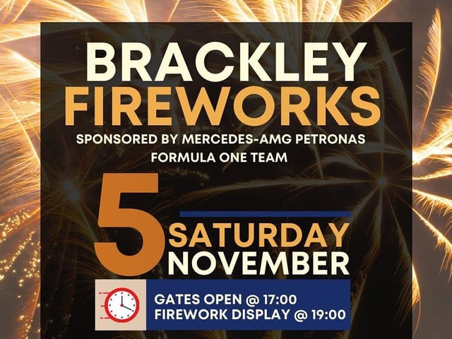The Brackley fireworks display will take place at Magdalen School St John site on Saturday, November 5. Entry is free of charge, gates open at 5pm and the display will start at 7pm. There will be food, bars, Scouts BBQ, community stalls and live entertainment.