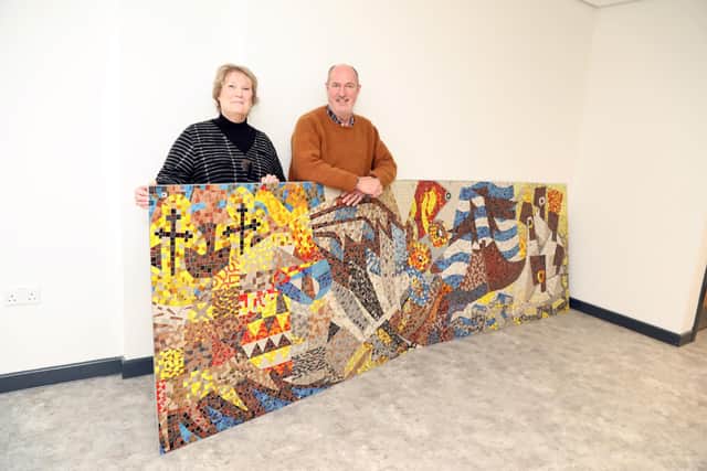 Kettering Grammar School mosaic designed by Kenneth Budd 'reimagined by Oliver Budd with Monica Ozdemir at Kettering art gallery and library