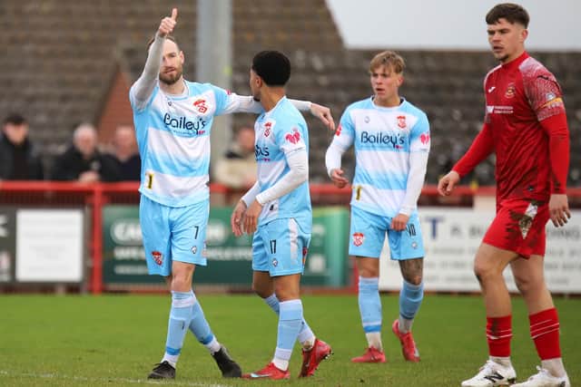 Wes York celebrates scoring the Poppies opener at Needham Market (Picture: Peter Short)