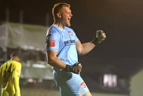 Dan Jezeph celebrates during Kettering Town's penalty shootout win over Harborough Town in the play-off semi-final at Latimer Park (Picture: Peter Short)