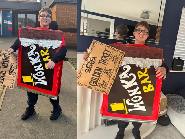 Barnaby, aged 10, as a Charlie and the Chocolate Factory Wonka Bar