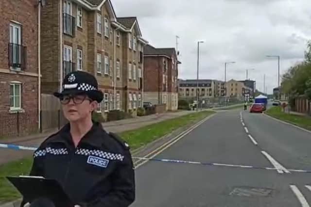 Superintendent Rachael Handford speaking at the scene of an incident close to the University of Northampton. A murder investigation has been launched following the death of a 19-year-old.