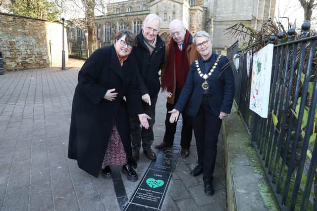 Rachel Herrick director of income generation and communications for Cransley Hospice Trust, Rev Dr John Smith founder of Cransley Hospice, Chairman of North Northamptonshire Council Cllr Larry Henson (Cons, Wicksteed), Mayor of Kettering Cllr Keli Watts