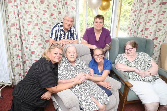 The Old Vicarage carehome in Weekley, 105-year-old Violet Saltmarsh from Kettering with wellwishers including daughter Kathy /IMG