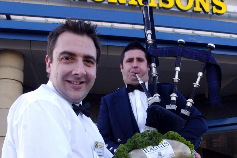 Morrisons manager David Handy with Piper Rob Muir as they gear up for Burns Night 2007