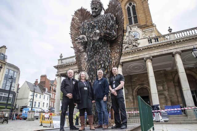 The 27ft tall Knife Angel statue will be outside All Saints Church until May 14