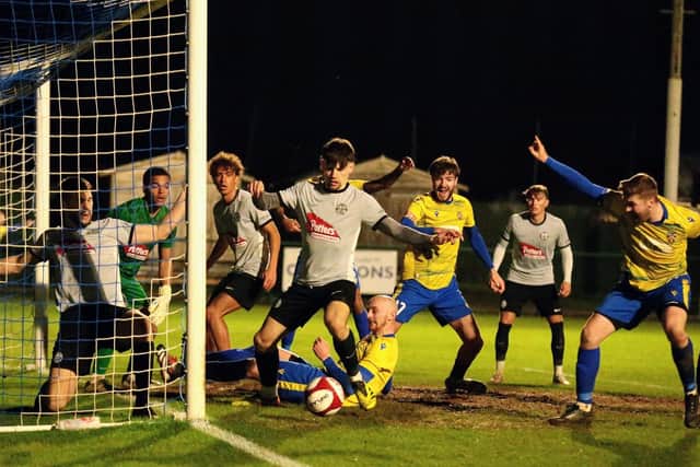 Charlie Green was the man on the spot to score Wellingborough Town's late equaliser against Anstey Nomads at the Dog & Duck on Saturday (Picture: Rob Webb)