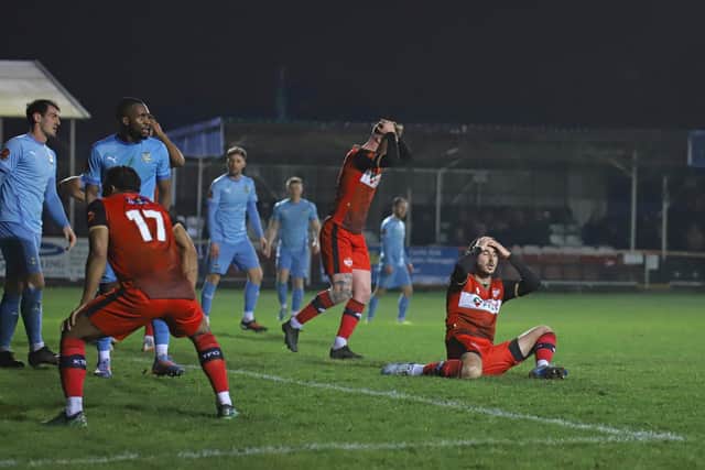 George Forsyth's reaction said it all after he missed a big chance in stoppage-time in Kettering Town's goalless draw with Farsley Celtic. Picture by Peter Short