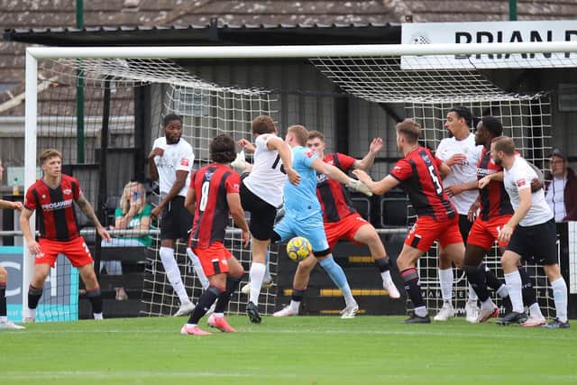 Harvey Beckett hammers home Royston's winning goal (Picture: Peter Short)