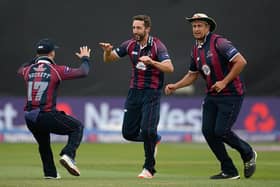 Ben Sanderson celebrates claiming the wicket of Michael Lumb during the T20 Blast semi-final win over Notts at Edgbaston in 2016