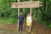 Corby, Holiday Inn Corby Kettering l-r Jamie Jackson and Janette Weedall at the entrance to Iron Pit Woods adventure area/National World
