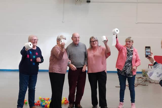 The human hungry hippos competitors were given prestigious prizes including washing-up sponges and toilet roll