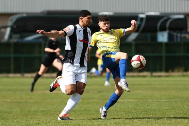 Joey Evans scores Wellingborough Town's first goal in theit 3-2 defeat to Shepshed Dynamo (Picture: Rob Webb)