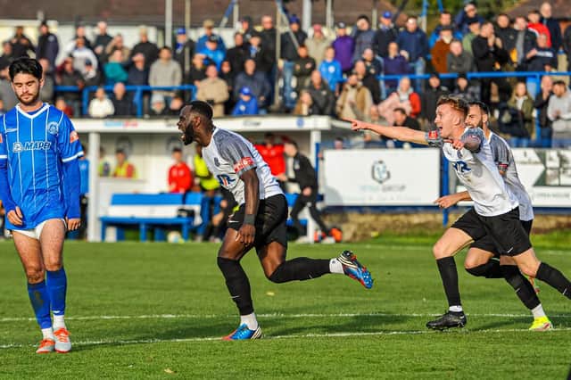 Dom Perkins celebrates his goal in Corby Town's 3-2 defeat at Halesowen Town last weekend. Picture by Jim Darrah