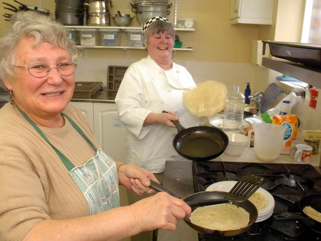 Rushden, Mission Church, pancake party l-r Karon (COR) Rice and Joan Clipston February 2009
