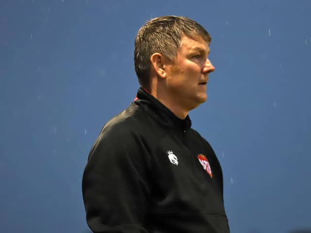 Kettering Town manager Lee Glover watches on during his team's win over AFC Telford United. Pictures by Peter Short