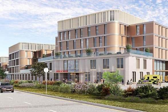 An artist’s impression of what the Urgent Care Hub could look like, replacing A&E and short stay urgent care wards, with extra inpatients beds on the higher floors. This would be completed in the first phase of the development.