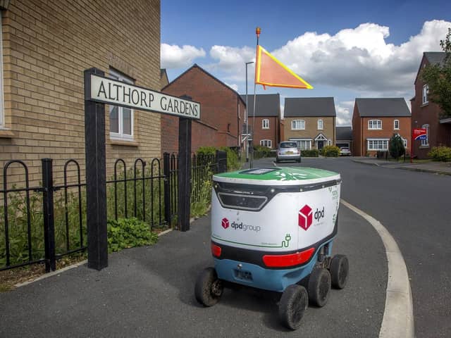 One of the DPD delivery robots in Althorp Gardens Raunds. Robots will deliver items within a one-mile radius of the Warth Park depot