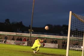 Kettering Town were held to a goalless draw by Southport last weekend with visiting goalkeeper Tony McMillan producing this fine save to deny Keaton Ward. Pictures by George Halfhide/Poppies Media