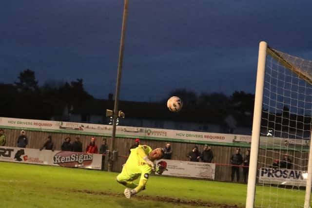 Kettering Town were held to a goalless draw by Southport last weekend with visiting goalkeeper Tony McMillan producing this fine save to deny Keaton Ward. Pictures by George Halfhide/Poppies Media