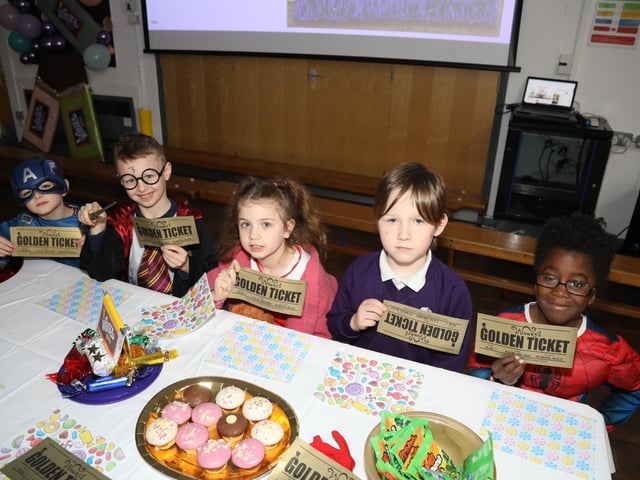 Golden ticket winners at Corby Kingswood Primary Academy:Corby children get Willy Wonka's golden tickets