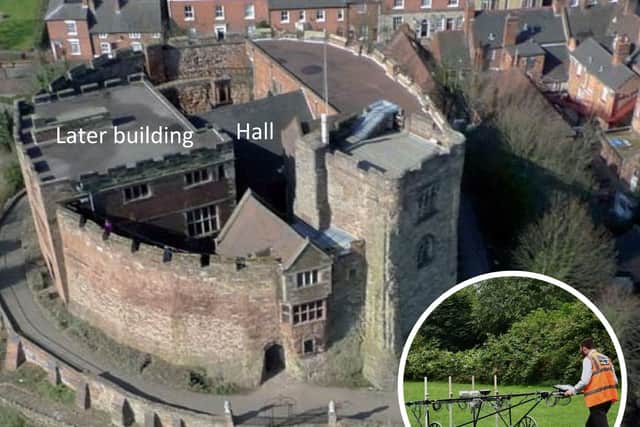 Tamworth Castle in Staffordshire: The Higham Ferrers Castle may have looked like this, although it was surrounded by an earthen bank and not on a mound (picture reproduced by kind permission of Tamworth Castle Archives) Inset picture - Hunting for Higham’s castle: John Walford, project manager (geophysics) of the Museum of London Archaeology uses magnetometry equipment to help determine what Higham’s ancient castle looked like (picture reproduced by kind permission of Museum of London Archaeology)