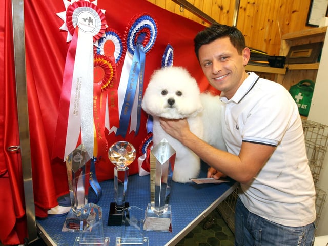 The Doggie Stylists, stylist Richard Smith who came second in the UK Dog Groomer of the Year with client 'Arthur' October 2013