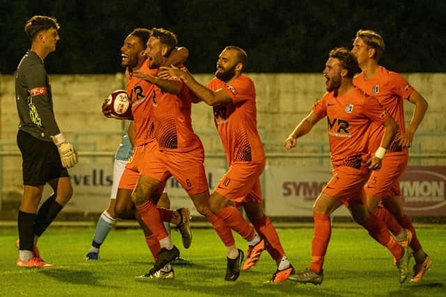 Corby Town celebrate Rory McAuley's goal that saw them go 2-0 up at Rugby Town (Picture: Jim Darrah)