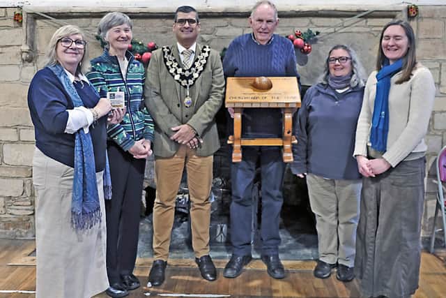 From left to right Carol Fitzgerald secretary Brenda Lofthouse Chairperson, Mayor Vijay Paul Brian Behagg treasurer, along with Lisa Rowley and Katherine Banham from the Beds, Cambs and Northants Wildlife Trust
