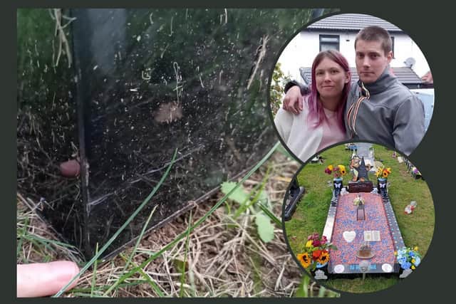 Kerry and Jason (inset) with the damage to the back of the headstone and Grayson's Tigger-themed grave
