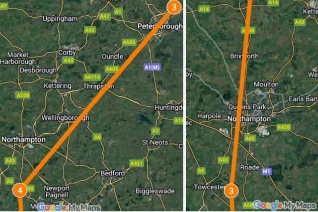 The Red arrows are due to fly south-east from Peterborough to Pottersbury on Thursday morning (left) — and back directly over Northampton on Friday evening
