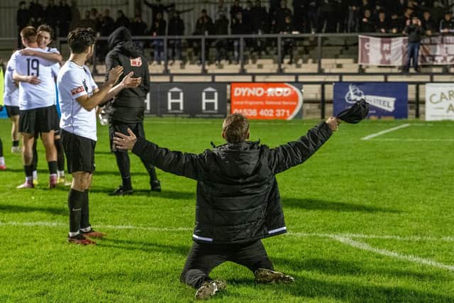 Graham Drury enjoys Corby Town's 2-0 win over Mickleover (Picture: Jim Darrah)