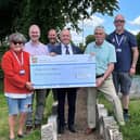 Pictured Left to Right, Dr Gill Le Page (VCN Services Director) John Ford (LUS Member), Mr Mick Davis, (a service user), Andy Huggett, Bob Smith, (LUS member & Provincial Grand Charity Representative)  and Mr Chris Hearn, (VCN Trustee)