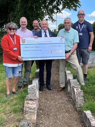 Pictured Left to Right, Dr Gill Le Page (VCN Services Director) John Ford (LUS Member), Mr Mick Davis, (a service user), Andy Huggett, Bob Smith, (LUS member & Provincial Grand Charity Representative) and Mr Chris Hearn, (VCN Trustee)