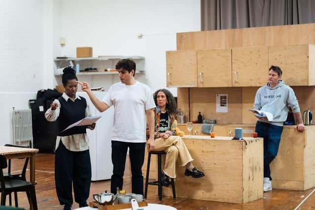 The cast of 2:22 A Ghost Story in rehearsal. Photo by Helen Murray