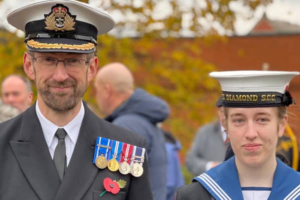 Commander Pickles at the Rushden Remembrance service in 2021, with Jess