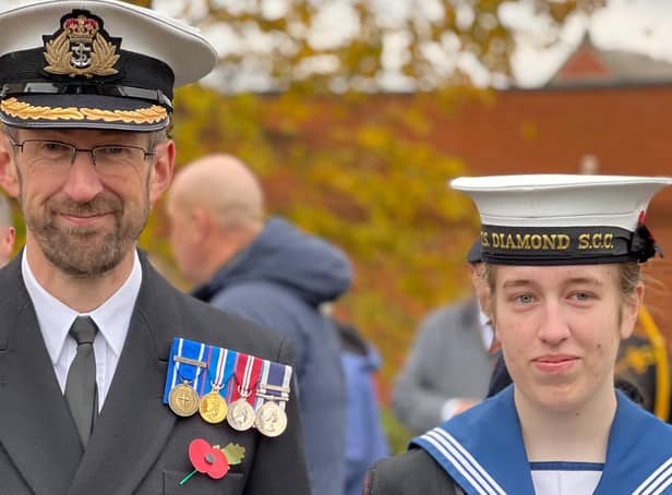Commander Pickles at the Rushden Remembrance service in 2021, with Jess
