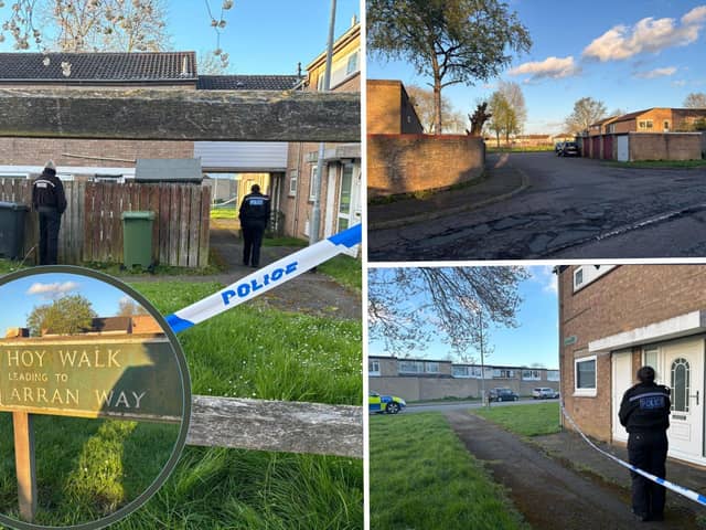Police are guarding a scene in Corby following a stabbing. Part of Hoy Walk between Shetland Way and Uist Walk, close to Medina Park (top right) is cordoned off and detectives have been carrying out door-to-door enquiries