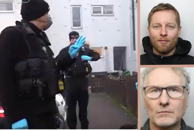 Police raid Stirling's home in Eastbrook back in 2021. Inset: Scott Stirling (top) and Anthony Barrett (bottom). Image: National World