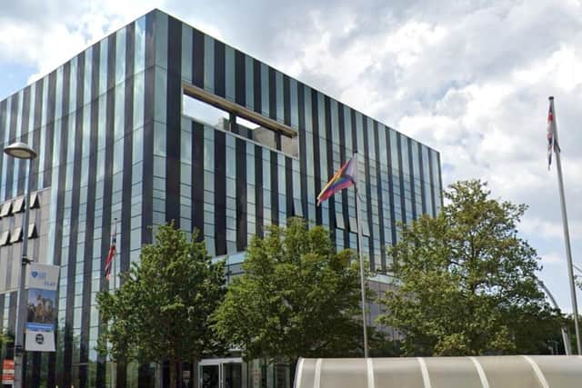 North Northants Council HQ: The Union Flag, Pride Flag and Armed Forces Day outside The Corby Cube in 2024