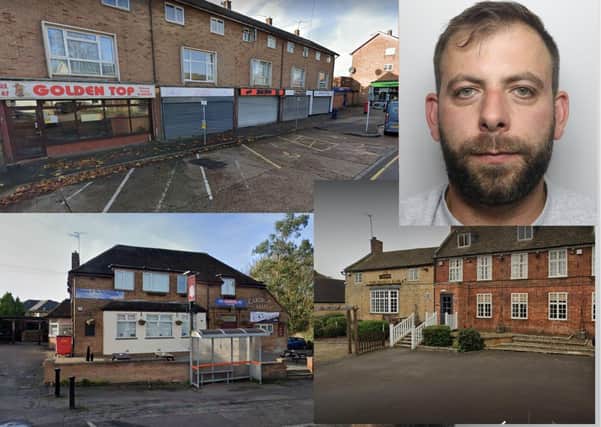 Some of the places visited by Hugo Fernandes on the day he ploughed into four teens on a zebra crossing. Top left: Welland Vale shops. Bottom left: The Cardigan Arms where he went to buy cocaine. Bottom left: The Spread Eagle where he spent two spells downing pints and shots