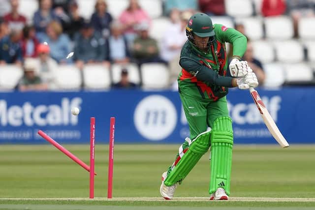 Louis Kimber is bowled by David Willey (Photo by David Rogers/Getty Images)