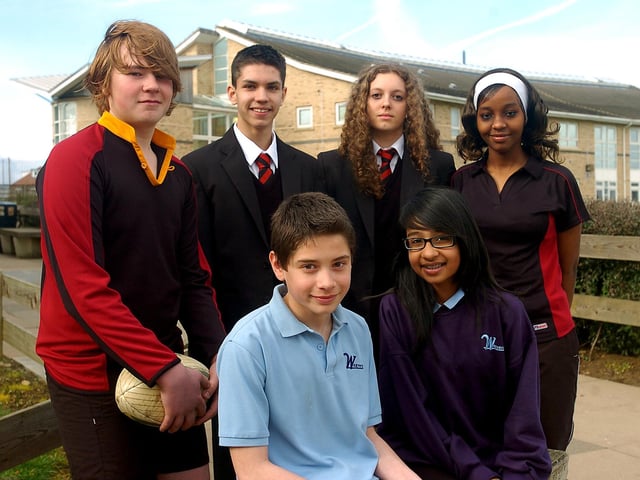 Old and new school uniform - front, Perry Cayford, 12, and Kinari Shah, 14. Back, Stephen Evans, 15, Nathan King, 14, Gemma Greig, 14 and Lulu Sarim, 14. March 2009