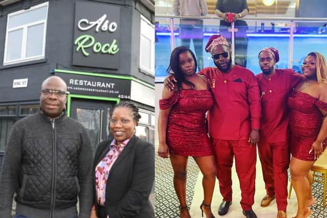 Left, the Ememeres outside their Kettering restaurant, and right, the Adesina family who own Aso Rock in London
