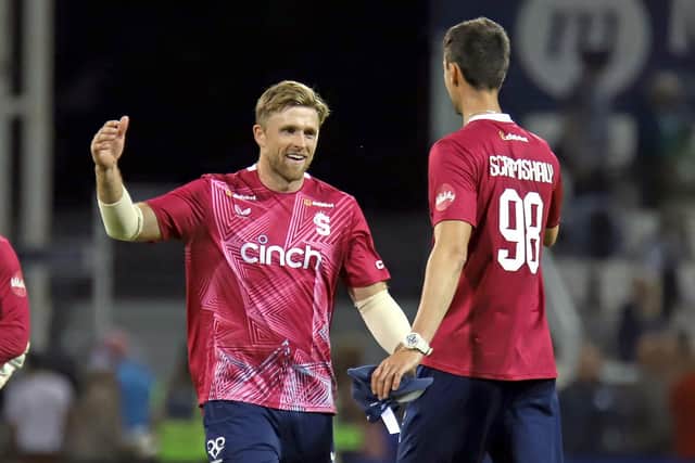 Skipper David Willey congratulates George Scrimshaw after he bowled Northants to victory on Friday (Picture: Peter Short)