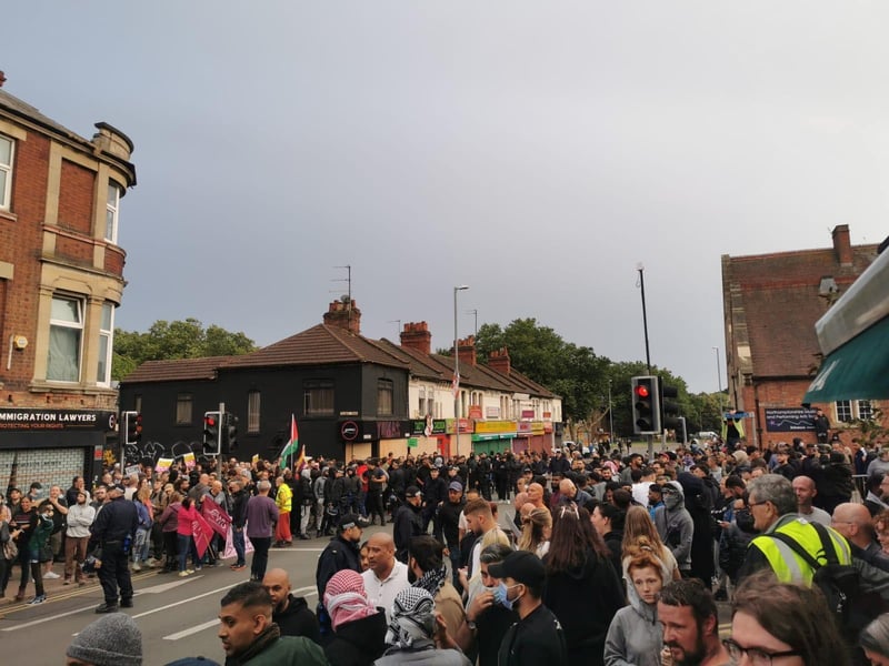 Hundreds have gathered in Kettering Road this evening from 7pm with a peaceful counter-protest
